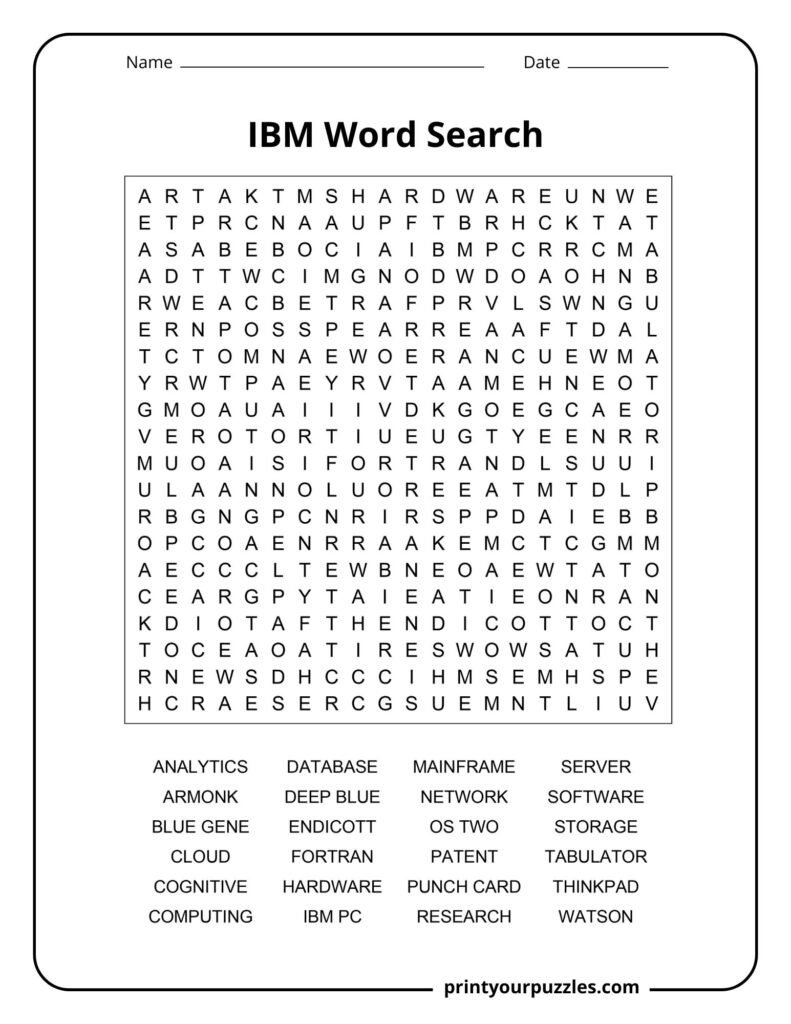 Hard IBM-themed word search puzzle featuring computing terms, hardware, software, and IBM technology vocabulary.