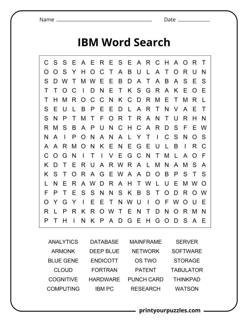 Medium IBM word search puzzle featuring computer technology, software, and IBM-related vocabulary terms.