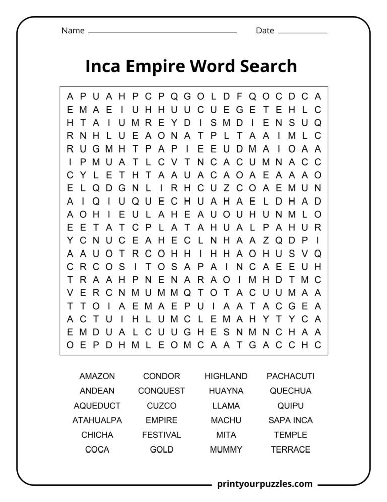 Inca Empire Word Search | Print Your Puzzles