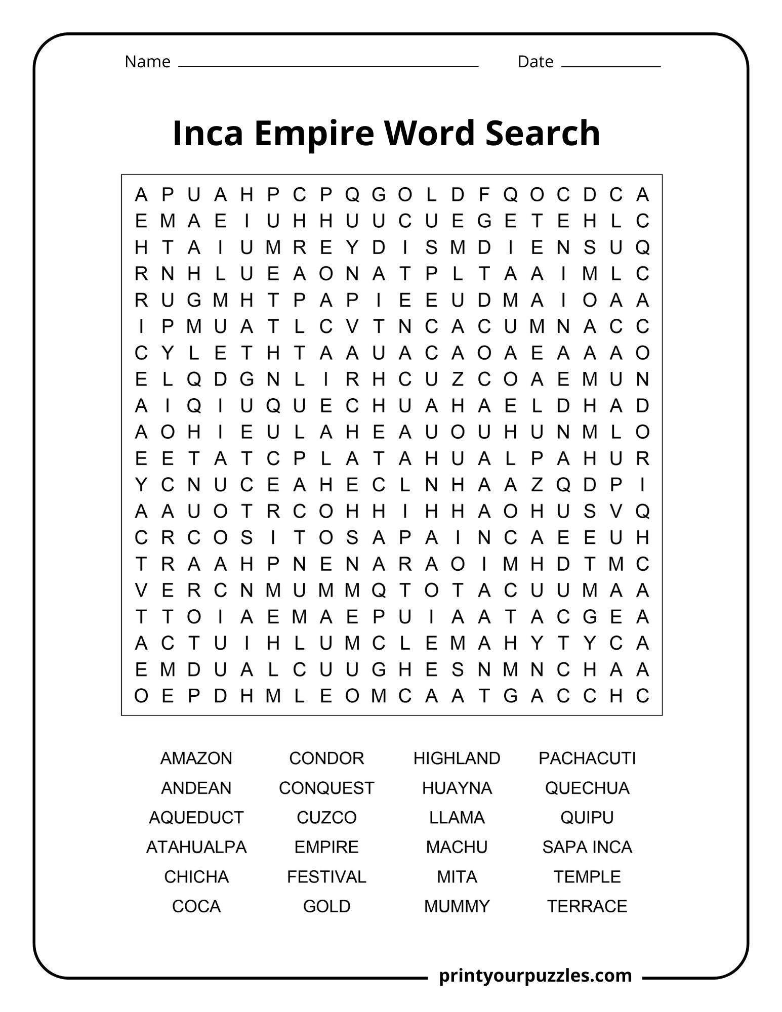 Inca Empire Word Search | Print Your Puzzles