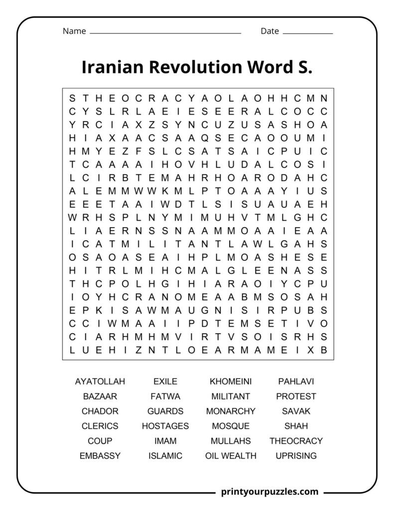 Hard Iranian Revolution word search puzzle with terms like Ayatollah, Theocracy, Shah, and Khomeini.