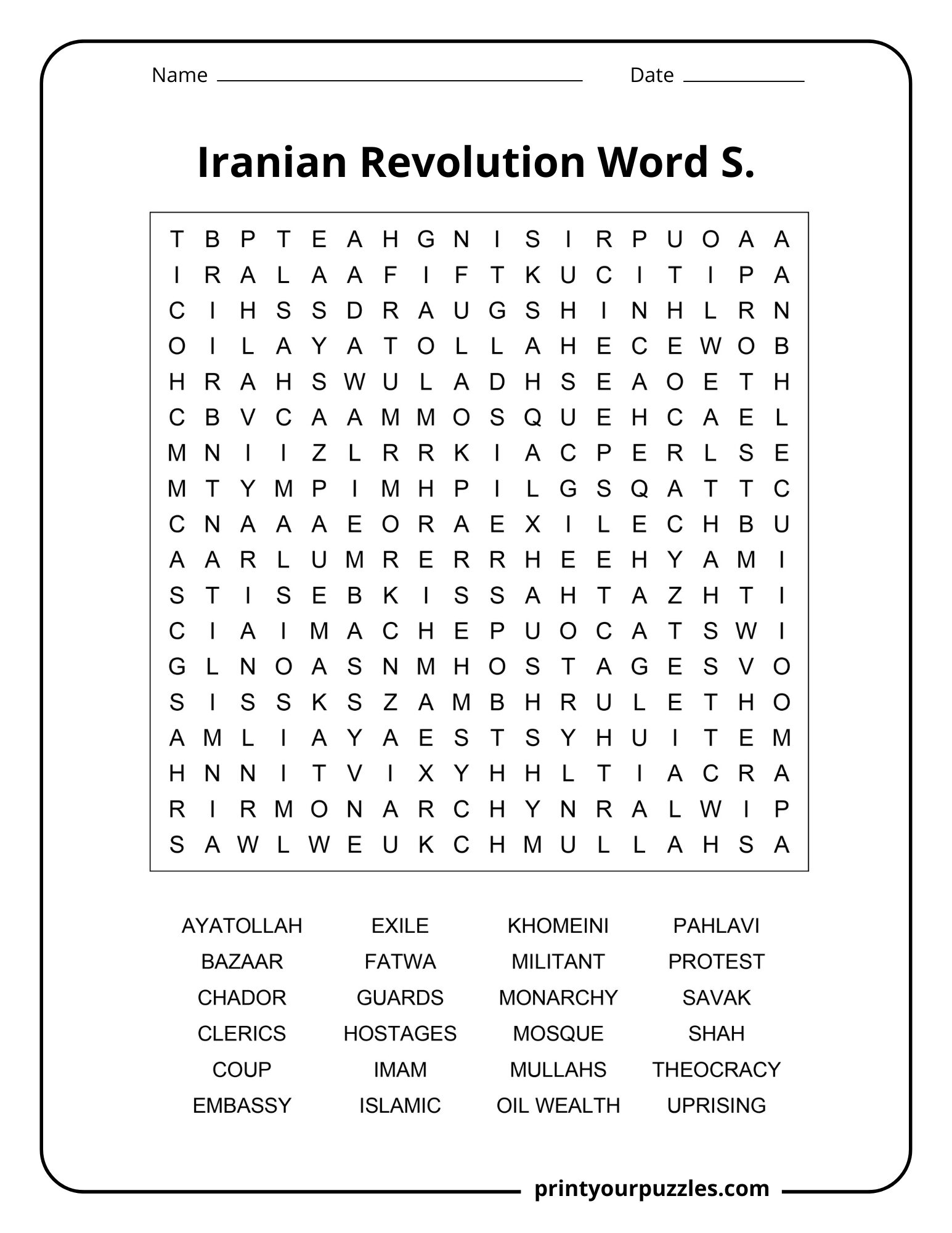 Medium Iranian Revolution word search worksheet with terms such as Mosque, Monarchy, Exile, and Hostages.