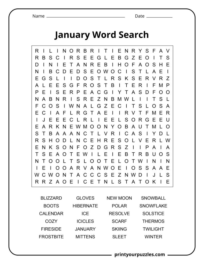 Hard January word search puzzle with winter-themed vocabulary in a large printable activity sheet.