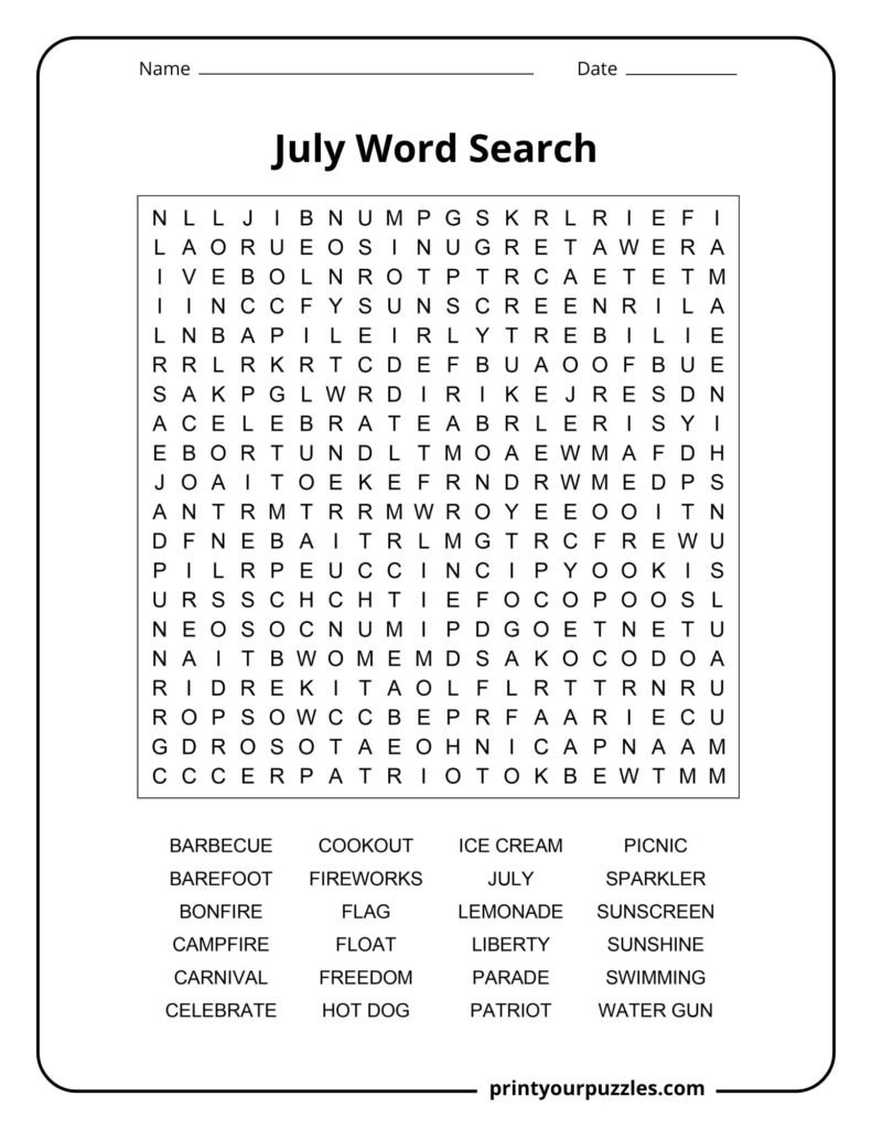 Hard July word search puzzle with summer and patriotic vocabulary in a printable activity worksheet.