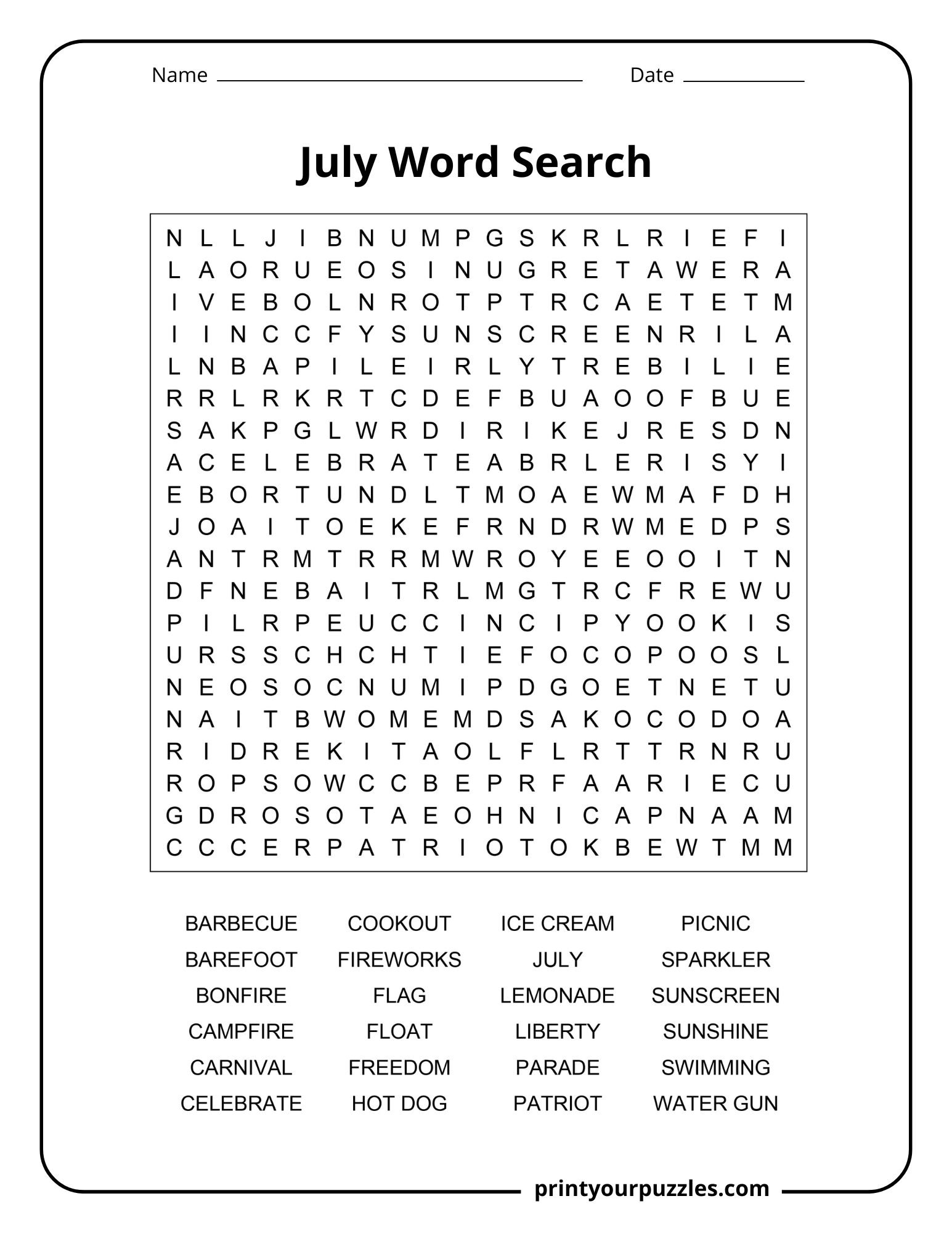 July Word Search | Print Your Puzzles