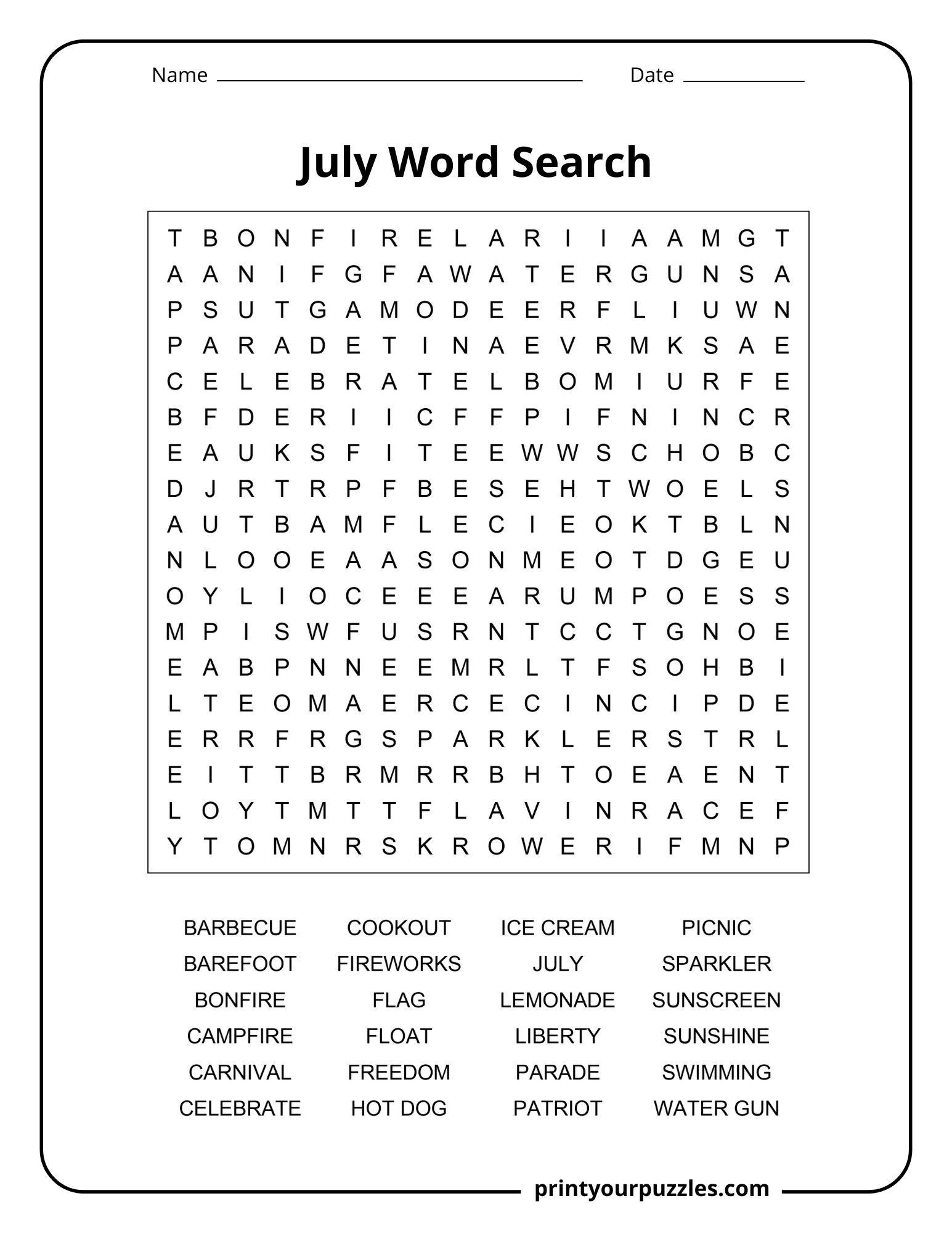 Medium July word search printable with patriotic summer vocabulary and classroom activity layout.