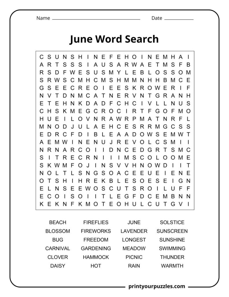 Hard June word search puzzle with summer-themed vocabulary in a printable educational worksheet.