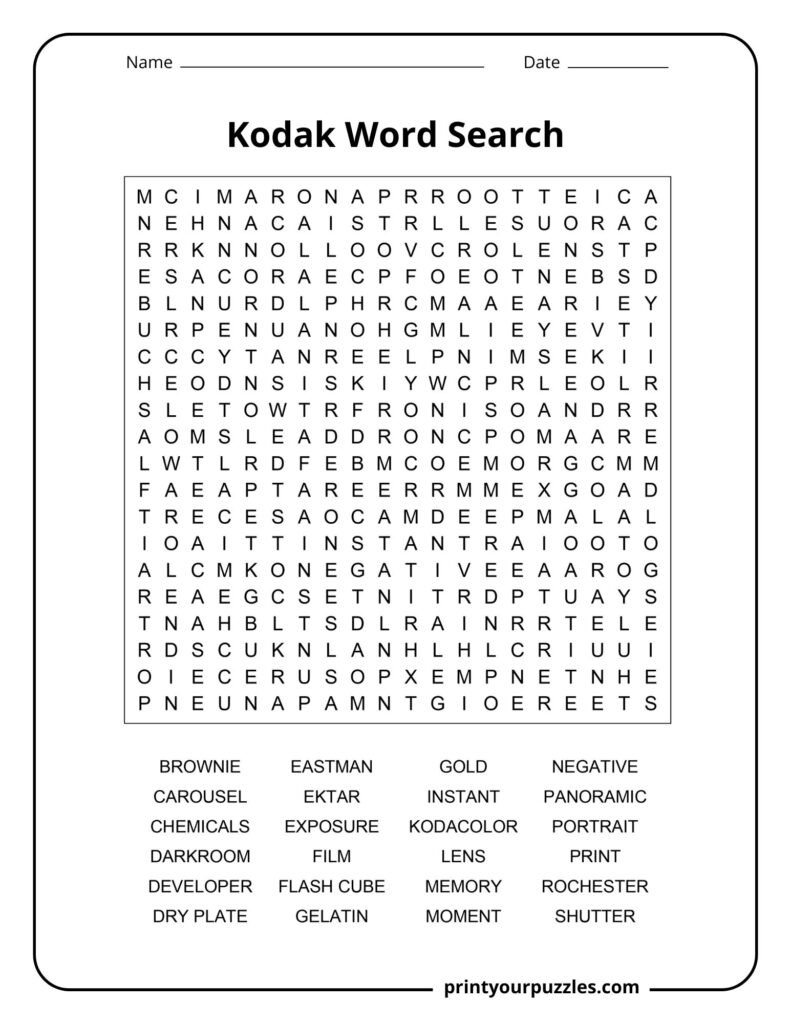 Hard Kodak-themed word search puzzle with photography terms, film vocabulary, and Kodak camera references.