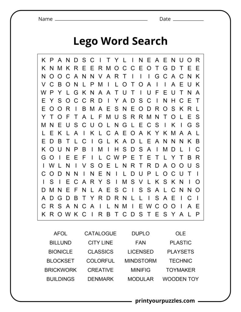 Hard Lego-themed word search puzzle featuring Lego sets, building terms, and famous toy brand vocabulary.