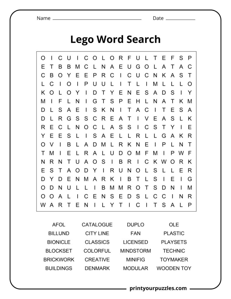 Medium Lego word search puzzle with colorful Lego themes, building terms, and toy-related vocabulary.