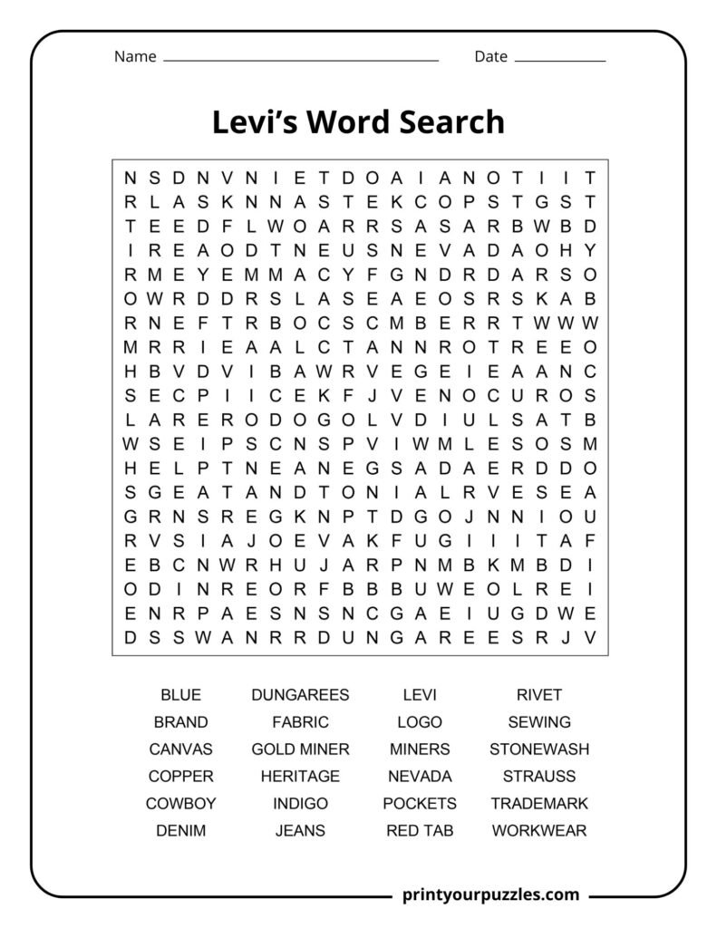 Hard Levi’s word search puzzle featuring denim, red tab, miners, workwear, rivets, and heritage terms.