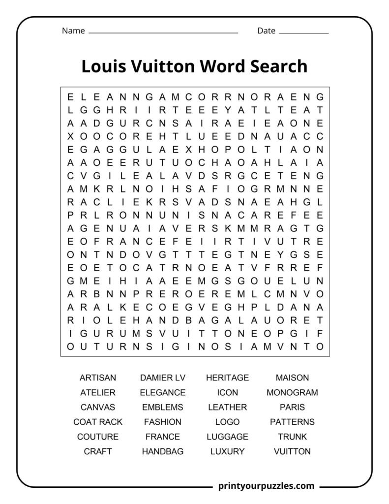 Hard Louis Vuitton-themed word search puzzle featuring luxury fashion, luggage, and designer brand vocabulary.