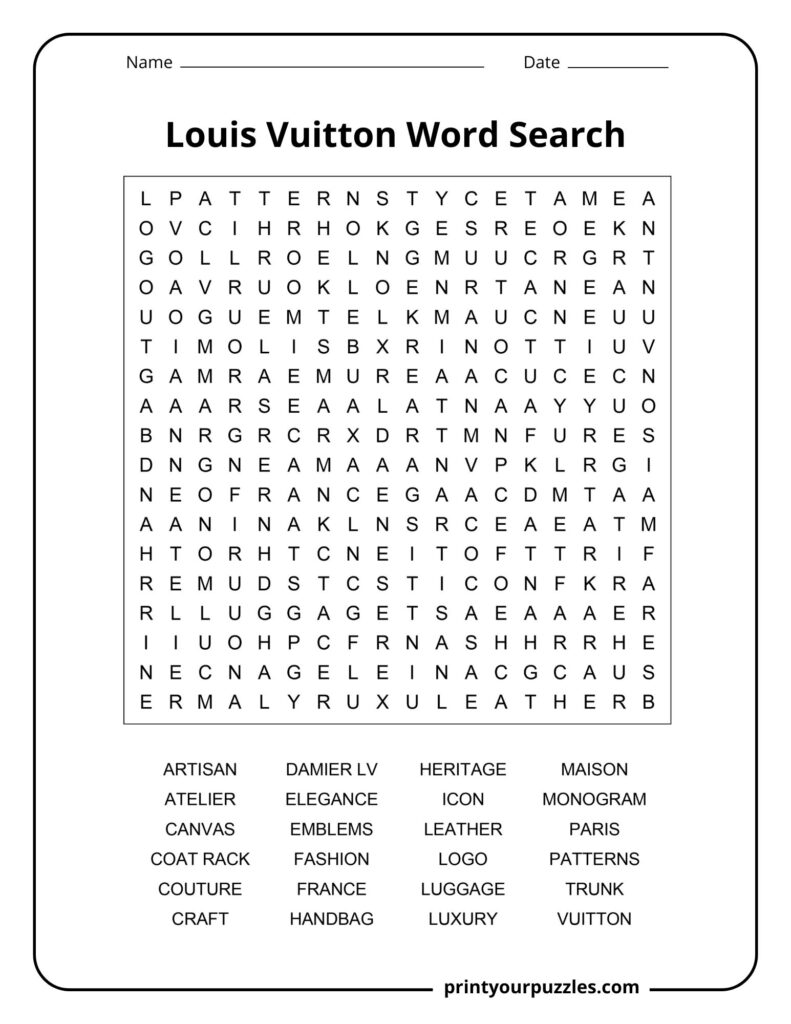 Medium Louis Vuitton word search puzzle featuring luxury fashion, handbags, and designer vocabulary terms.