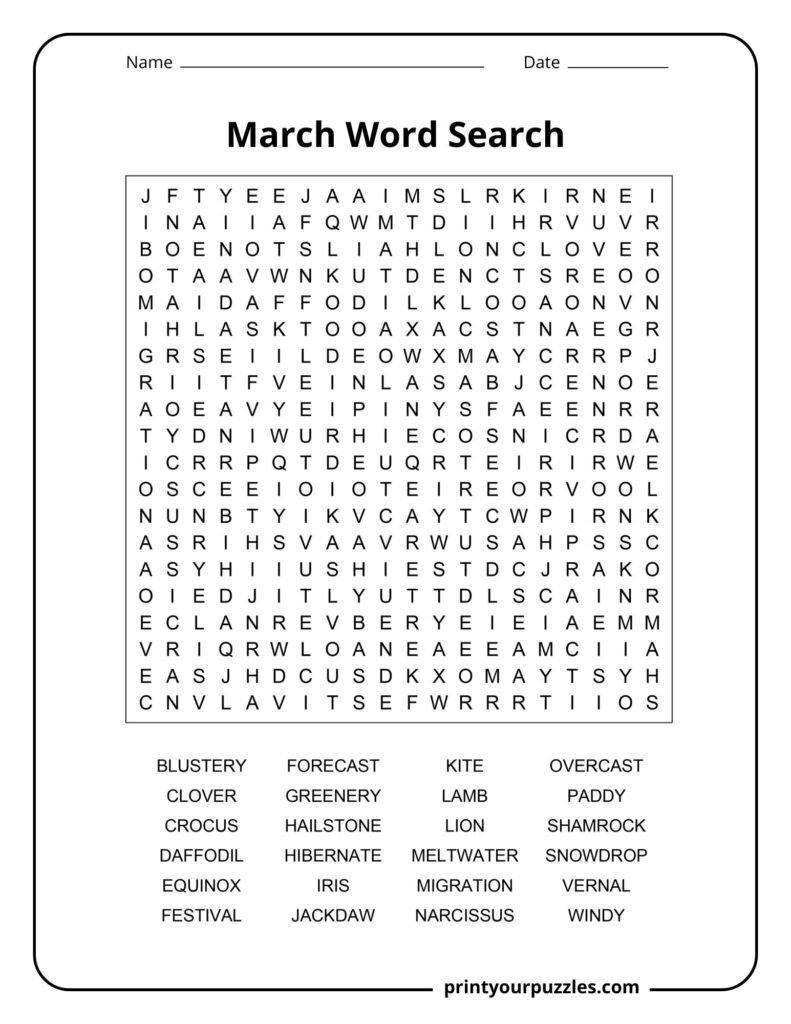 Hard March word search puzzle with spring and seasonal vocabulary in a printable classroom worksheet.