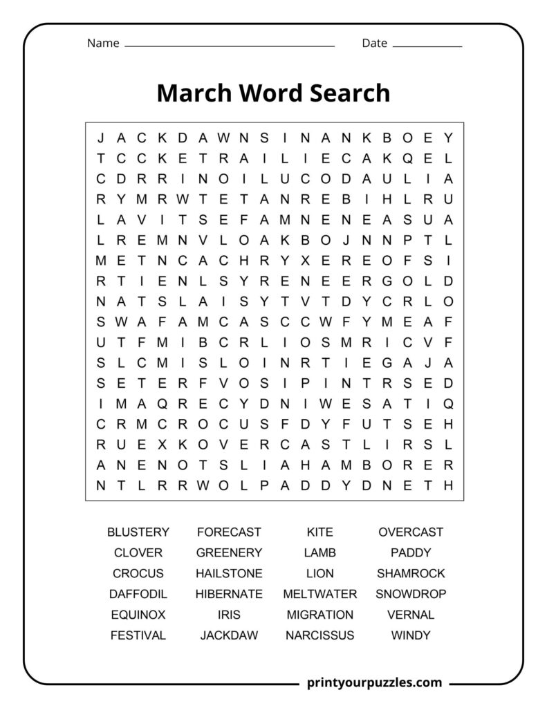 Medium March word search printable with spring vocabulary and seasonal educational activity design.