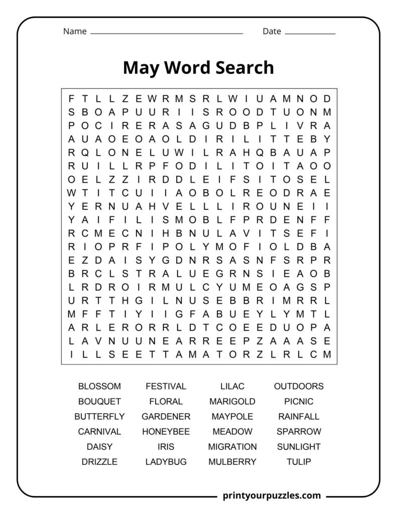 Hard May word search puzzle with spring and garden vocabulary in a printable seasonal worksheet.