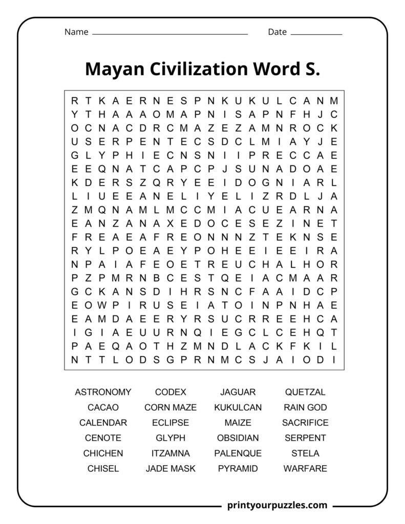 Hard Mayan Civilization word search puzzle with terms like Kukulcan, Obsidian, Chichen, and Glyph.