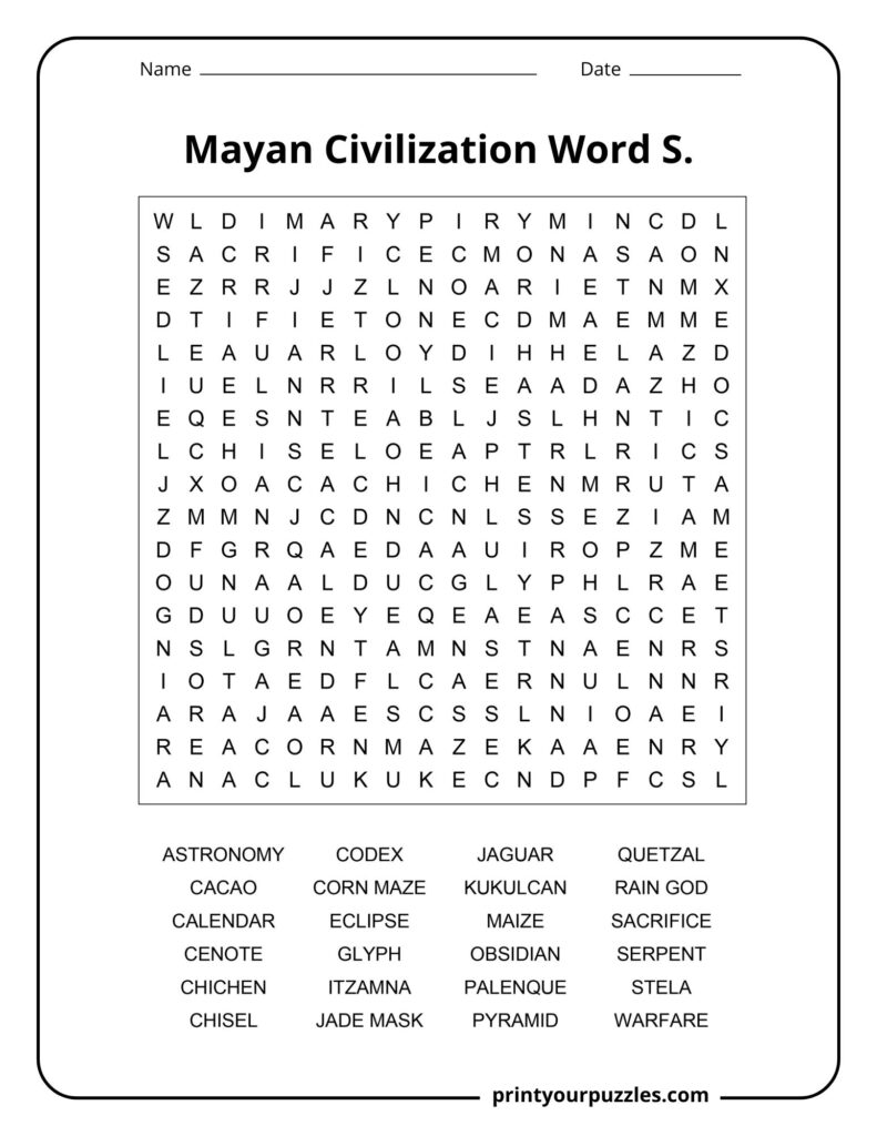 Medium Mayan Civilization word search worksheet with terms like Pyramid, Jaguar, Glyph, and Sacrifice.