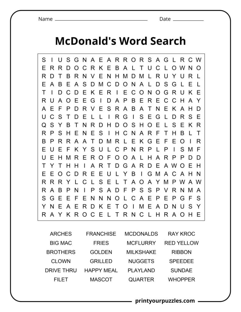 Hard McDonald’s word search puzzle with Big Mac, McFlurry, Happy Meal, and franchise terms.