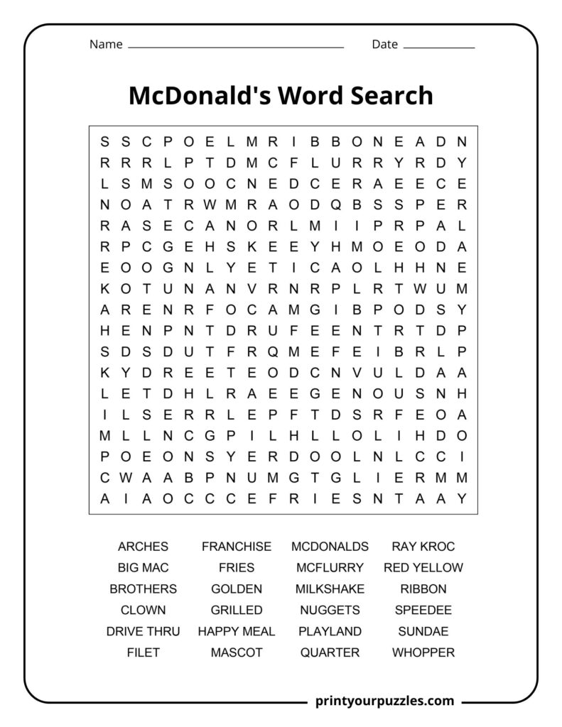 Medium McDonald’s word search featuring fries, nuggets, Playland, Golden Arches, and mascot terms.