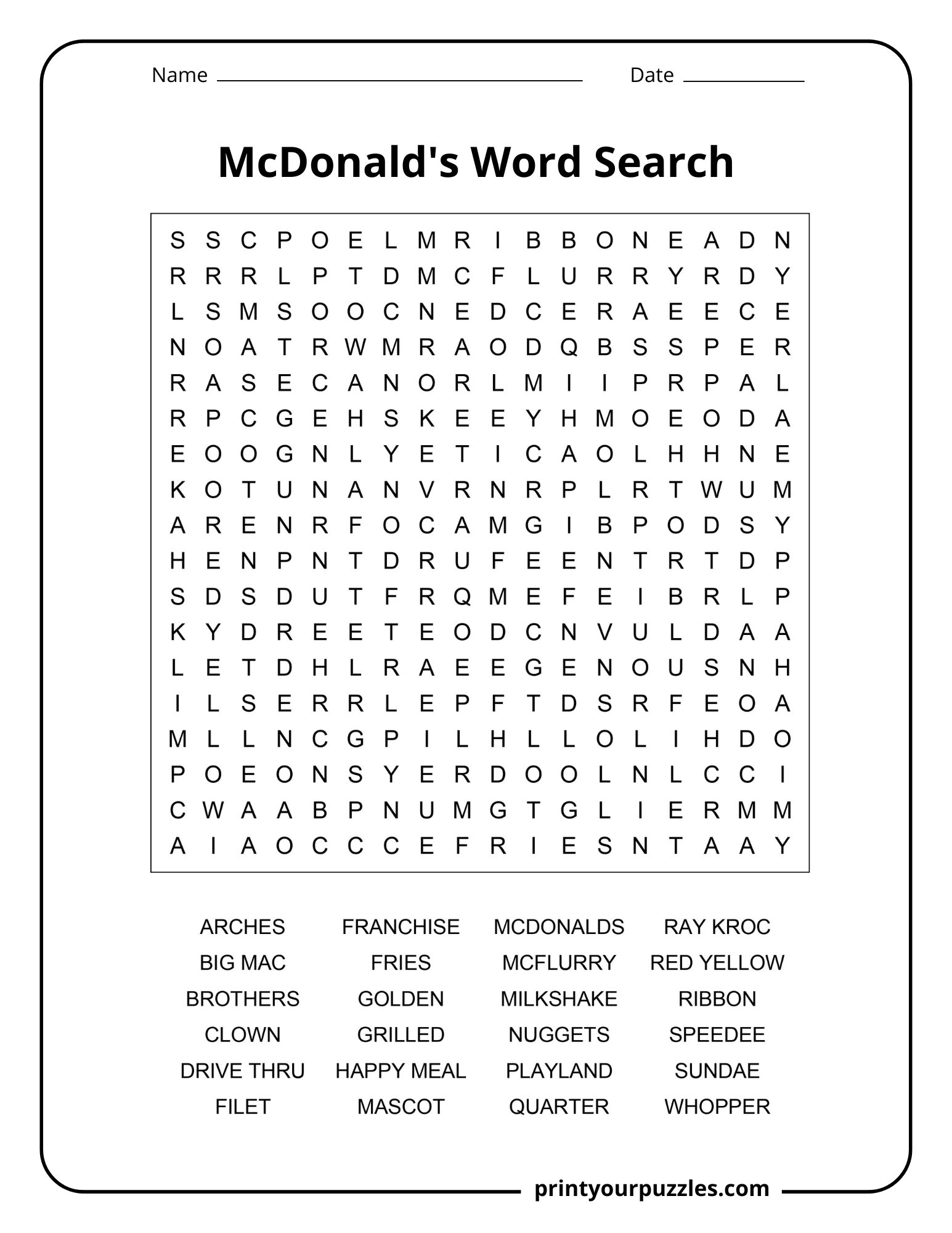 Medium McDonald’s word search featuring fries, nuggets, Playland, Golden Arches, and mascot terms.