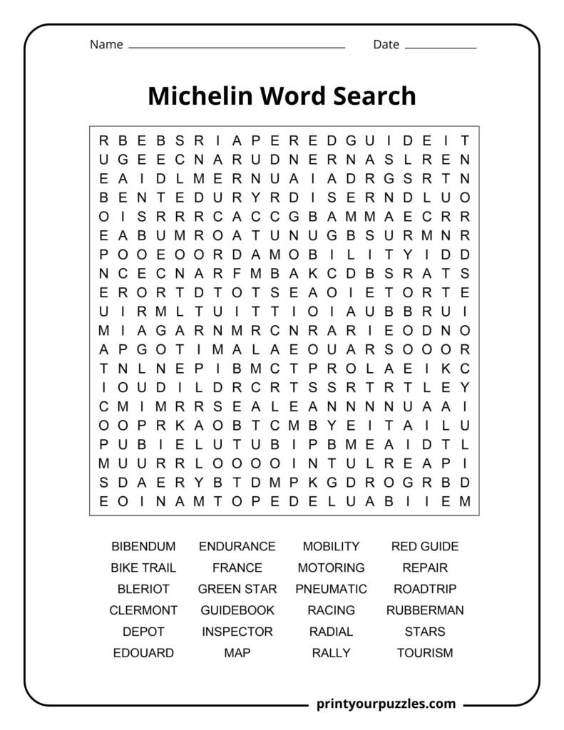 Hard Michelin-themed word search puzzle featuring tires, travel guides, racing, and Michelin vocabulary.