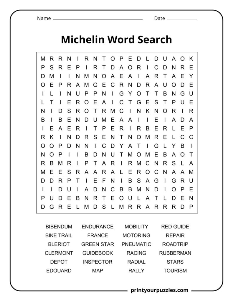 Medium Michelin word search puzzle with travel, racing, tire, and Michelin-related vocabulary terms.