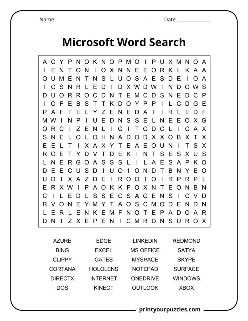 Hard Microsoft word search puzzle featuring Windows, Azure, Xbox, Surface, and classic Microsoft terms.