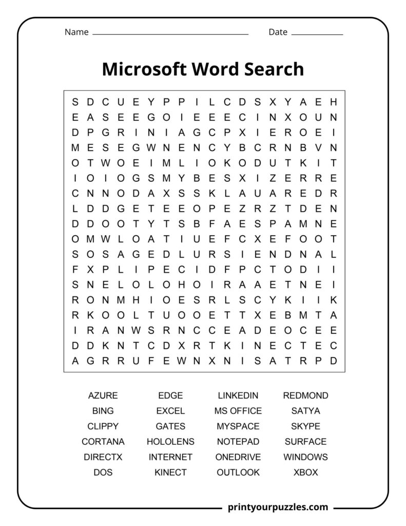 Medium Microsoft word search puzzle with Windows, Xbox, Office, Skype, and technology-related keywords.
