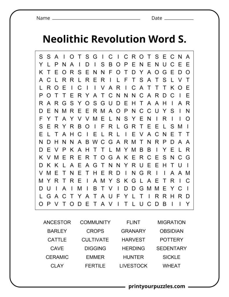 Hard Neolithic Revolution word search puzzle with terms like Pottery, Herding, Obsidian, and Wheat.