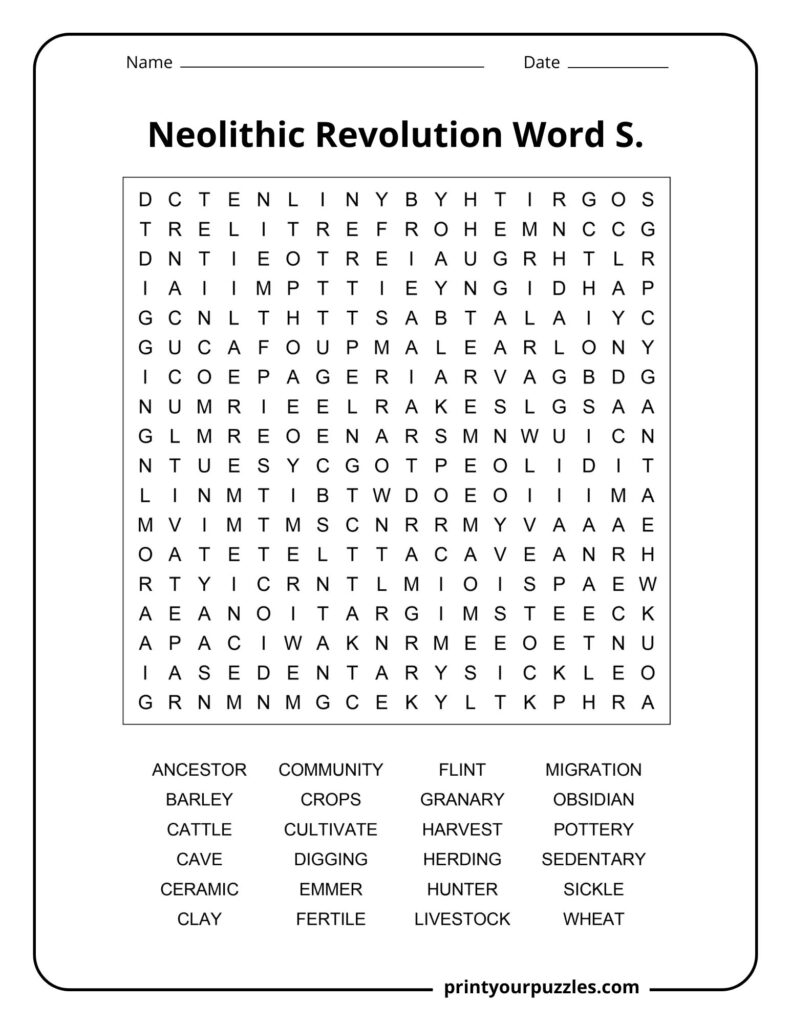 Medium Neolithic Revolution word search worksheet with terms like Sedentary, Cave, Barley, and Sickle.