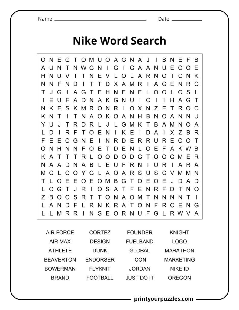 Hard Nike-themed word search puzzle featuring sneakers, sportswear, branding, and Nike-related vocabulary.