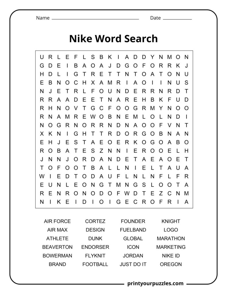 Medium Nike word search puzzle featuring sneakers, sportswear terms, and Nike brand vocabulary.