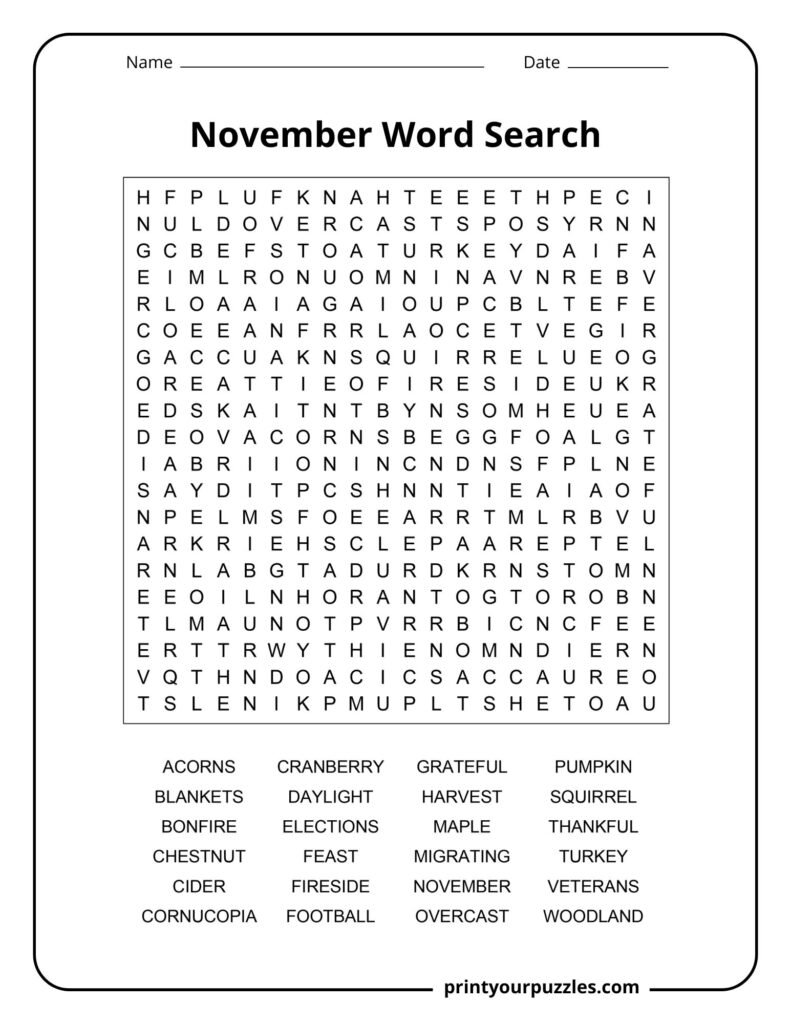 Hard November word search puzzle with Thanksgiving and autumn vocabulary in a printable worksheet.