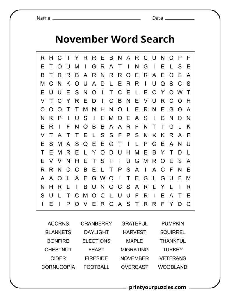 Medium November word search printable with Thanksgiving vocabulary and seasonal classroom activity.