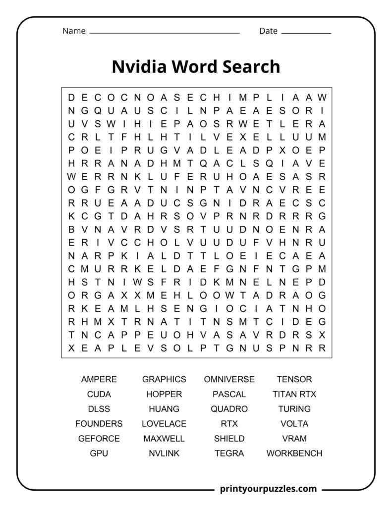 Hard Nvidia word search puzzle featuring GPU, CUDA, RTX, Omniverse, Hopper, and graphics technology terms.