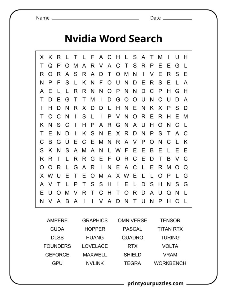 Medium Nvidia word search puzzle with GeForce, CUDA, Maxwell, RTX, and AI graphics-related vocabulary.