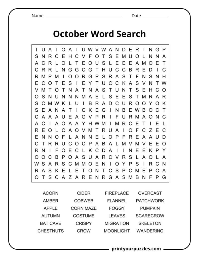Hard October word search puzzle with autumn and Halloween vocabulary in a printable worksheet.