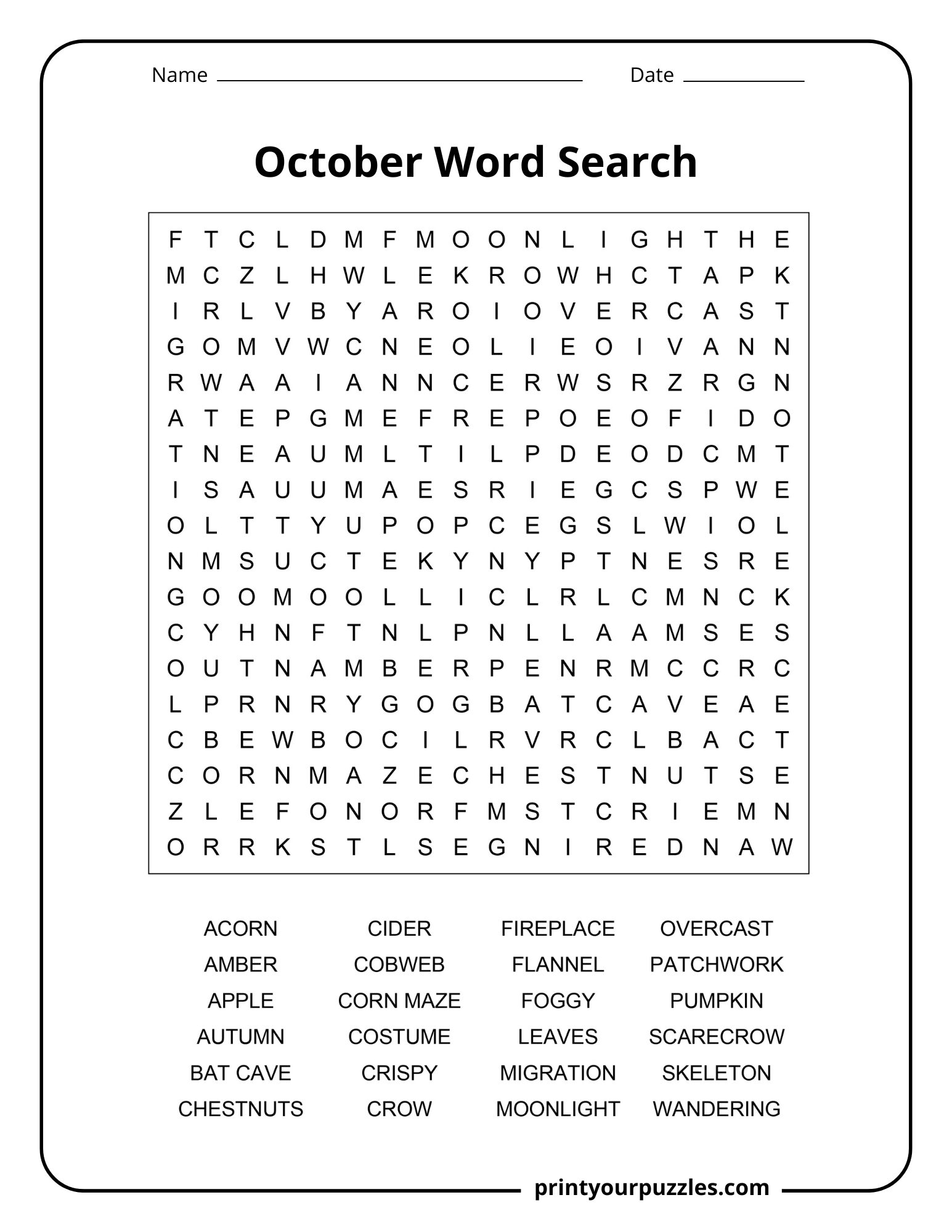 Medium October word search printable with autumn vocabulary and seasonal classroom activity design.