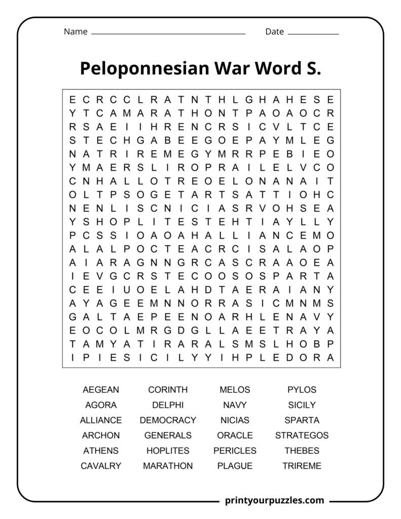 Hard Peloponnesian War word search with dense grid and terms like Sparta, Athens, trireme, and alliance.