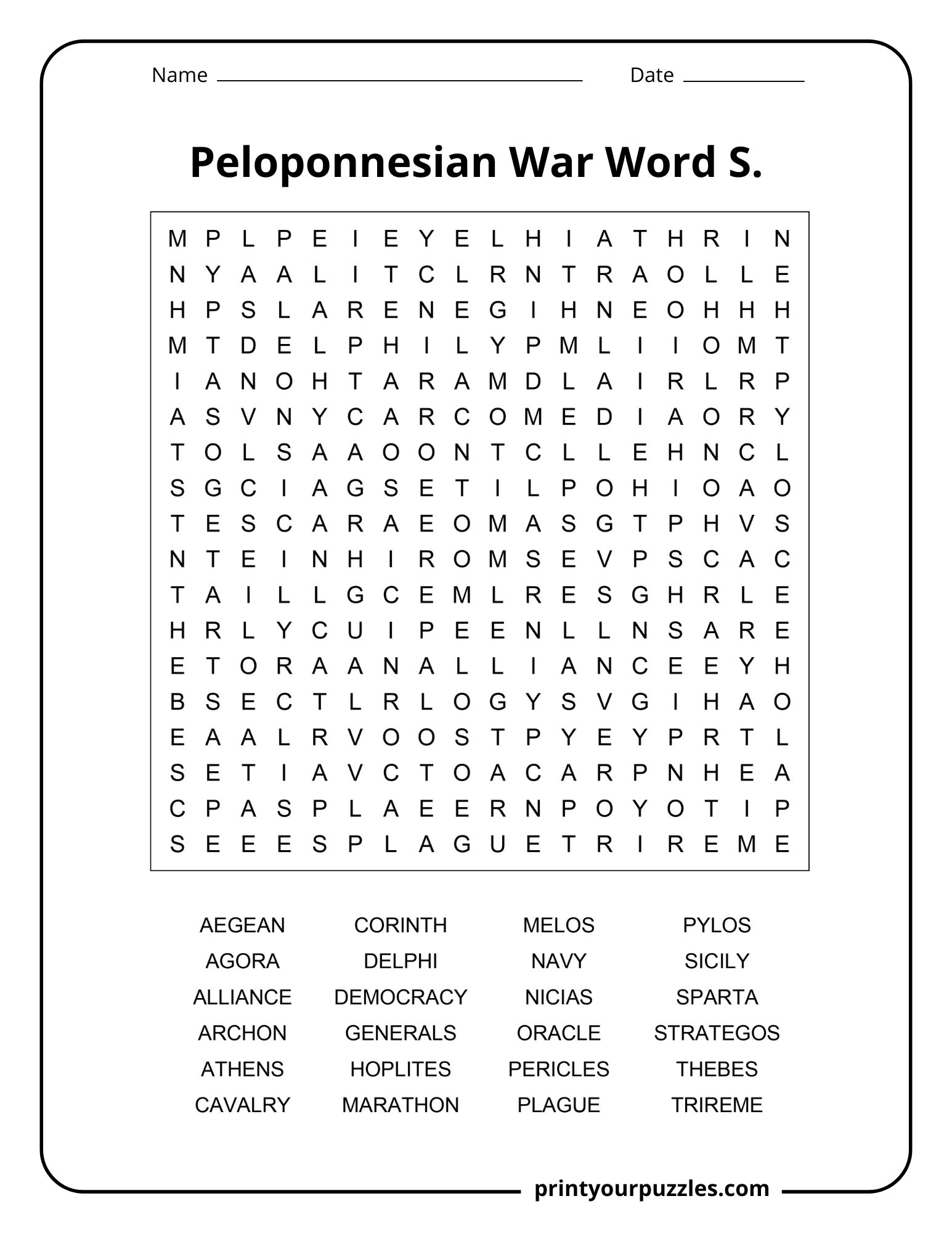 Medium Peloponnesian War word search with words like Athens, Sparta, navy, plague, and democracy.