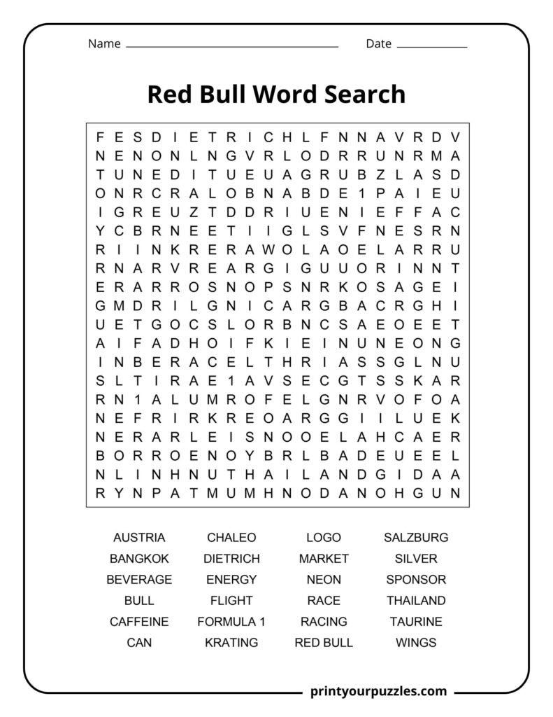 Hard Red Bull word search puzzle featuring Formula 1, energy drink, racing, and brand-related terms.