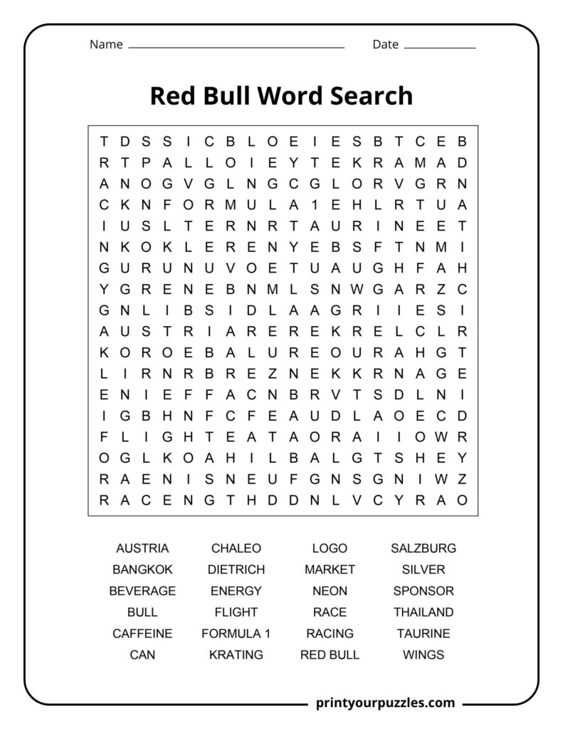 Medium Red Bull word search puzzle featuring energy drink, Formula 1, racing, and branding vocabulary.