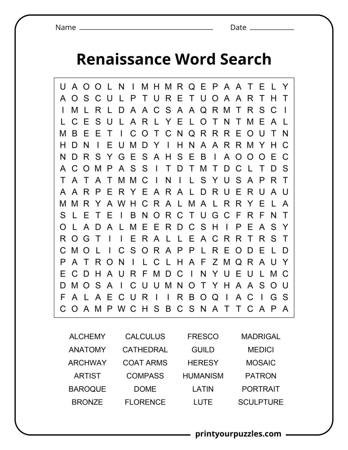 Renaissance Word Search | Print Your Puzzles