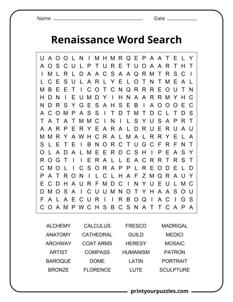 Hard Renaissance word search with dense grid and terms like Medici, humanism, sculpture, and Florence.