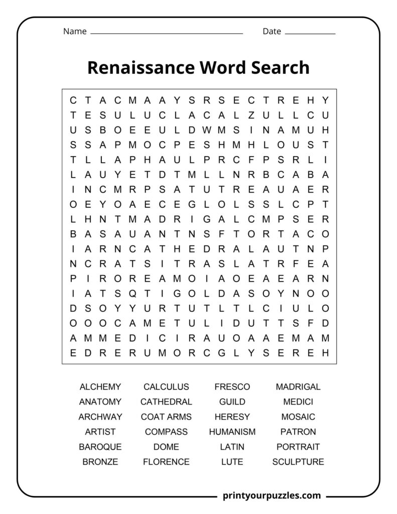 Medium Renaissance word search with words like artist, fresco, guild, portrait, and Latin in a clear grid.