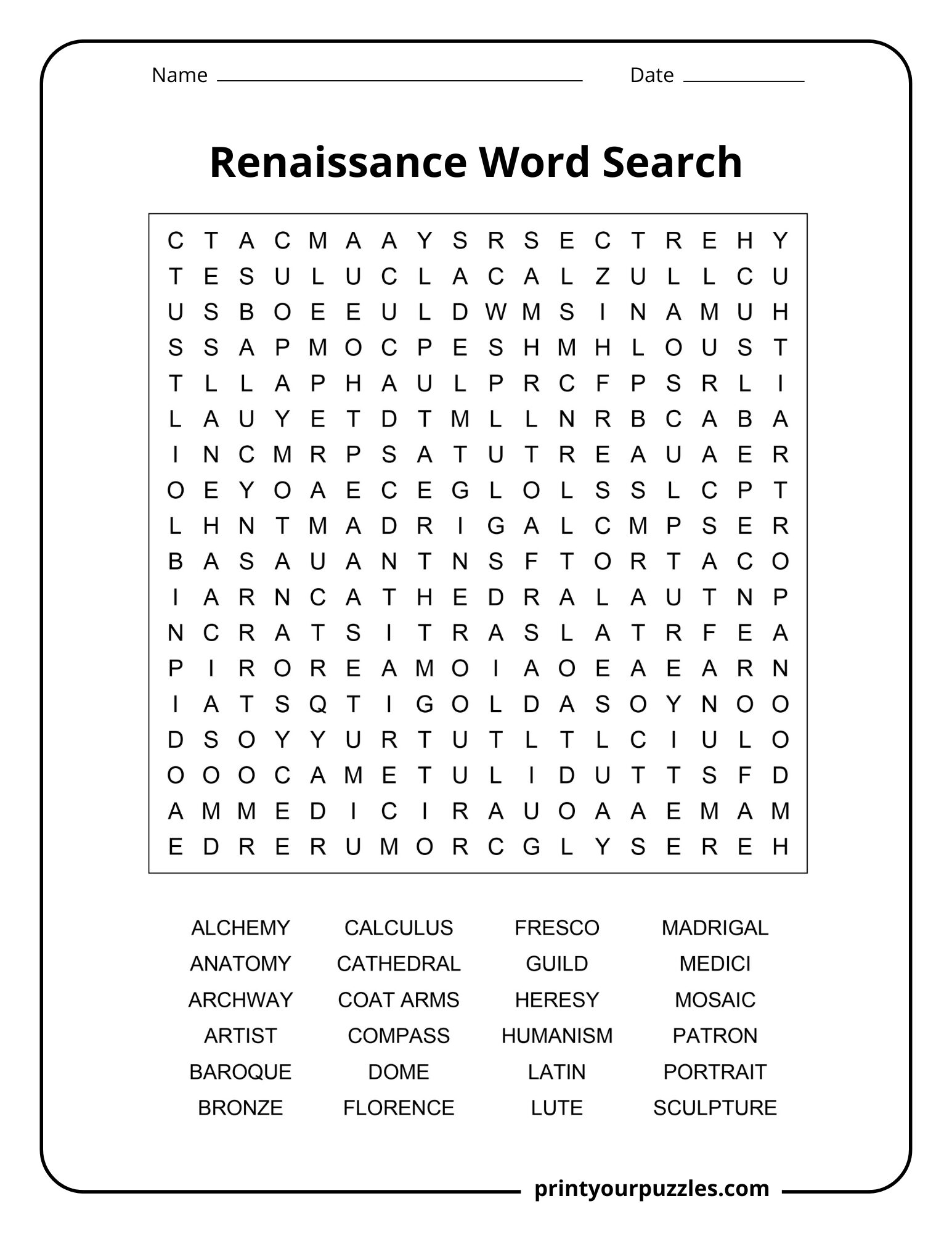 Medium Renaissance word search with words like artist, fresco, guild, portrait, and Latin in a clear grid.