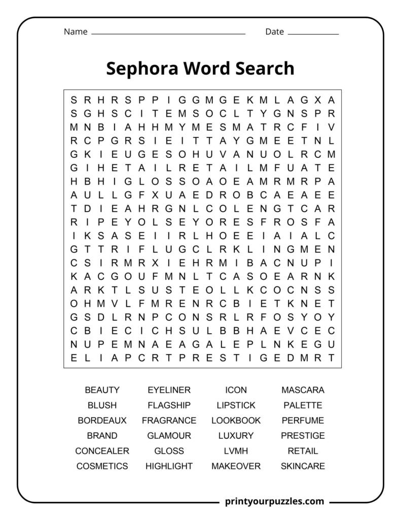 Hard Sephora word search puzzle with beauty, skincare, makeup, fragrance, and luxury-themed vocabulary.