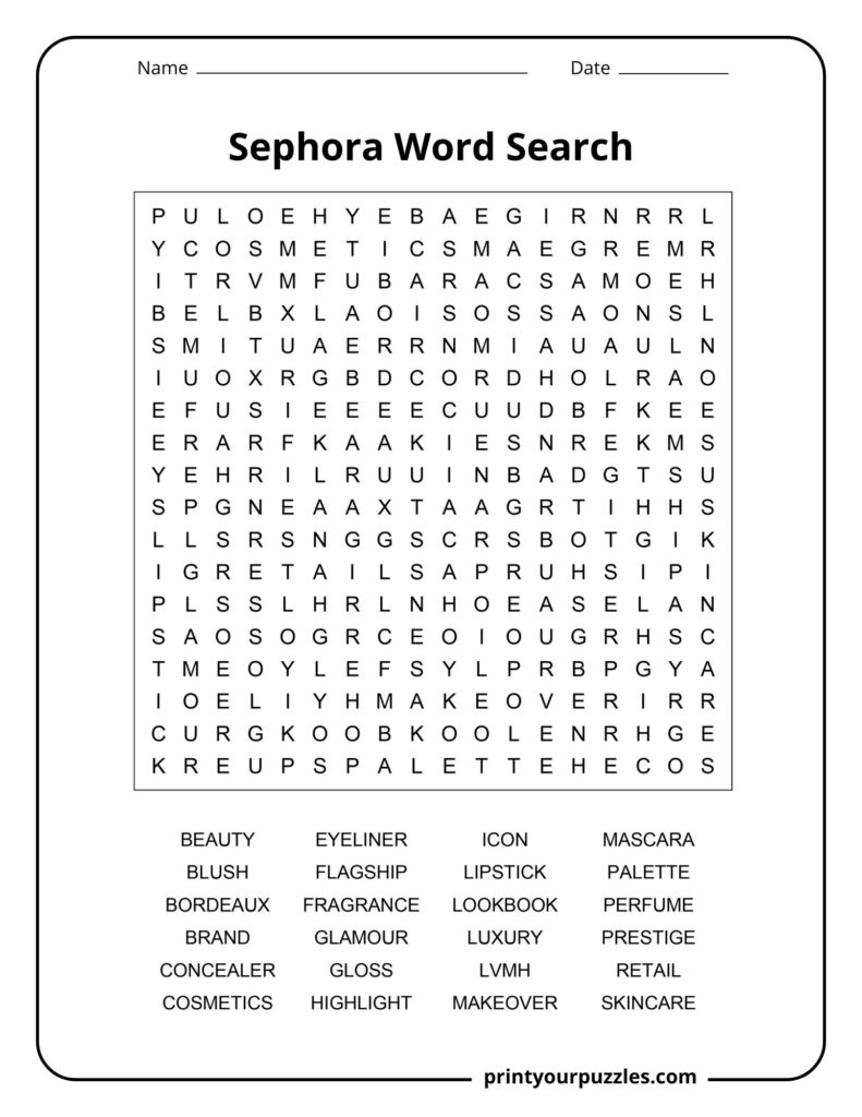 Medium Sephora word search puzzle featuring cosmetics, eyeliner, skincare, perfume, and makeup vocabulary.