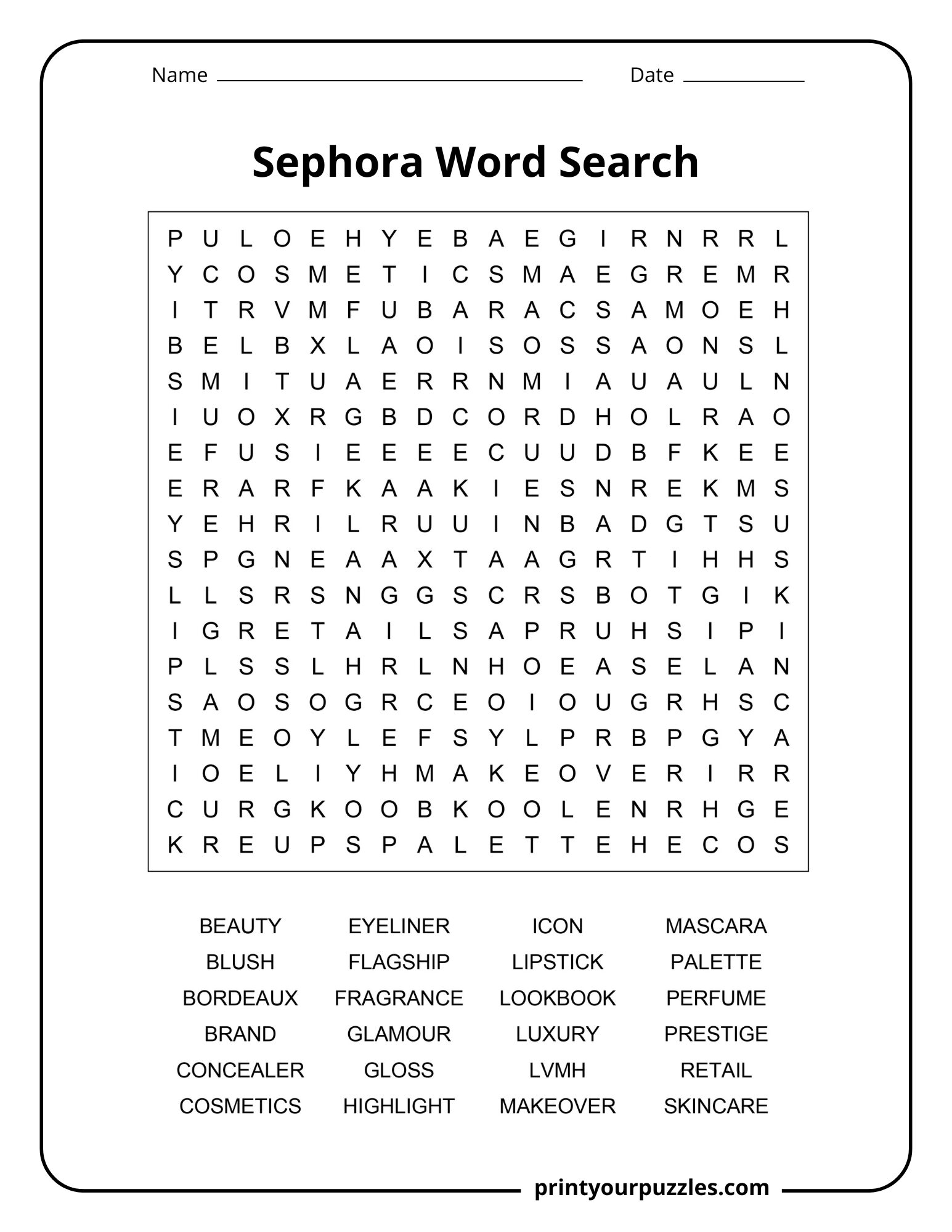 Medium Sephora word search puzzle featuring cosmetics, eyeliner, skincare, perfume, and makeup vocabulary.